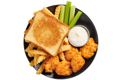 Grilled cheese sandwich, chicken nuggets, fries, and celery 